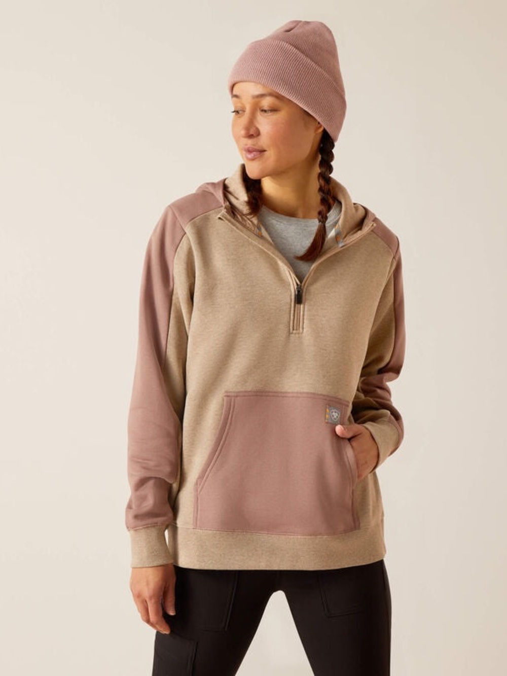 Ariat Two-Tone Half-Zip Hoodie in Blush and Tan